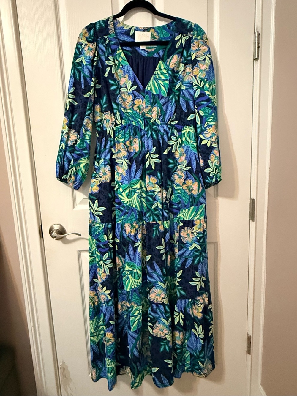 Lilly Pulitzer Navy Maxi Dress with Green and Blue Floral Print